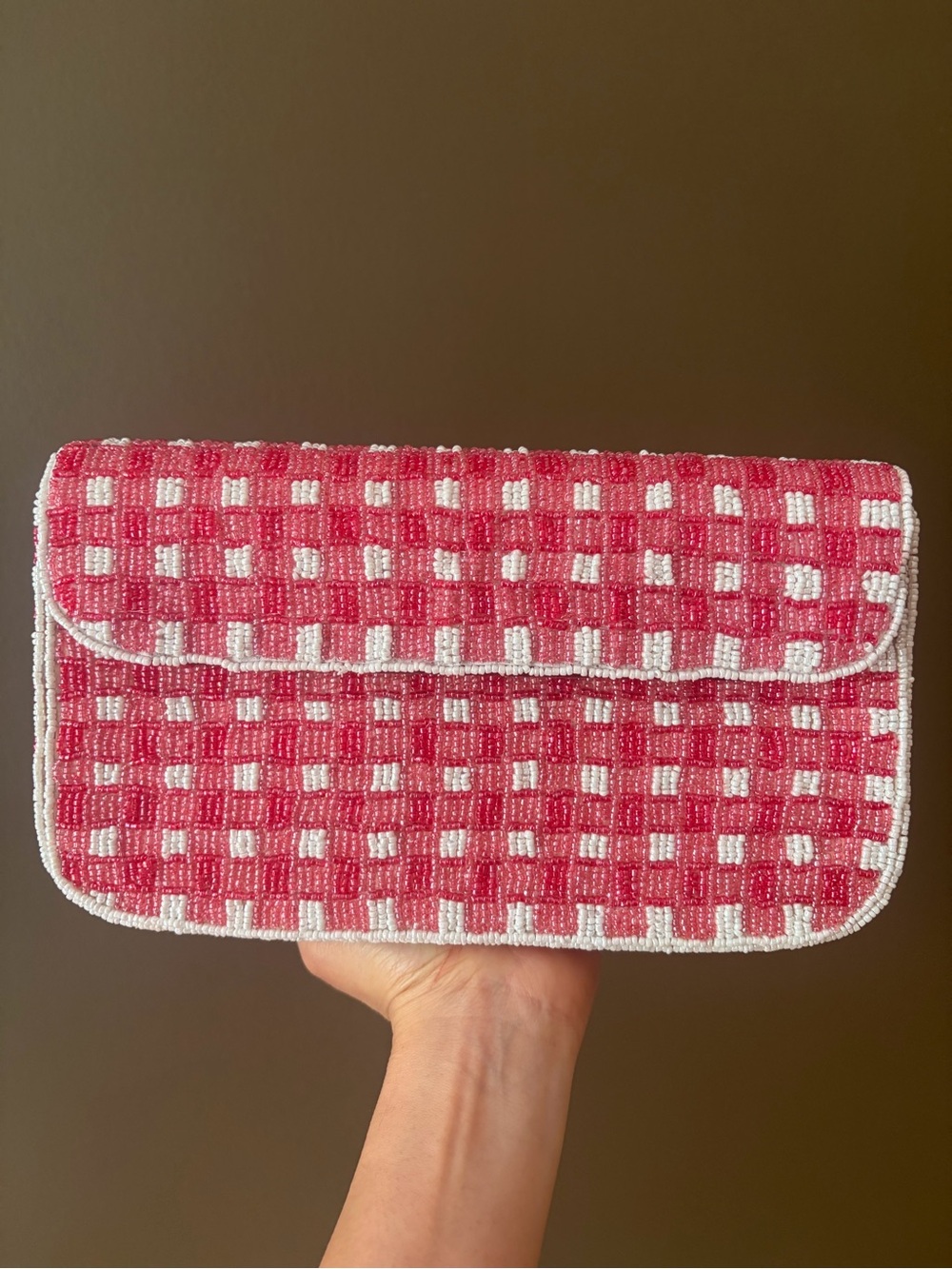 Red and White Checkered Beaded Shoulder Bag